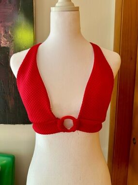 Red Textured Ring-Front Bikini Top